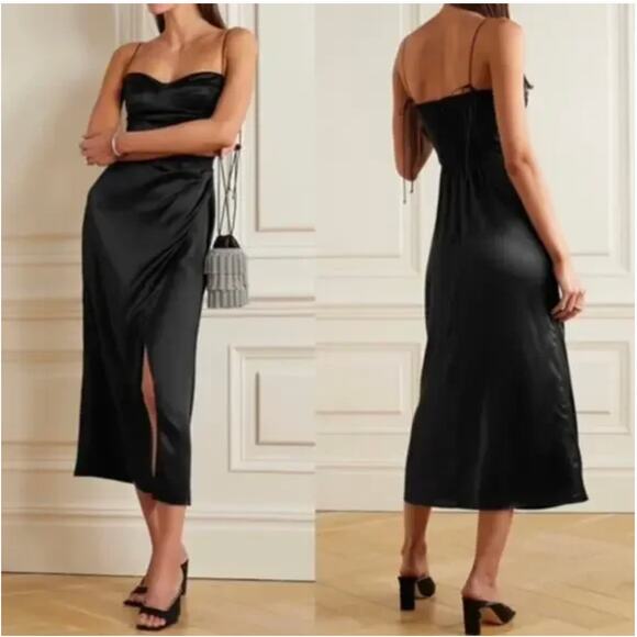 Reformation Marguerite Silk Tie Strap Fitted Wrap Skirt Midi Dress Black Size 4 - Picture 1 of 11